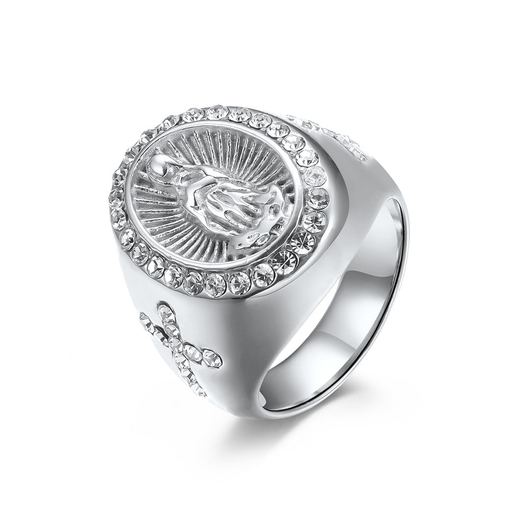Planderful Virgin Mary Cross Zircon Ring Stainless Steel Gold Plated For Women Elegant Jewelry