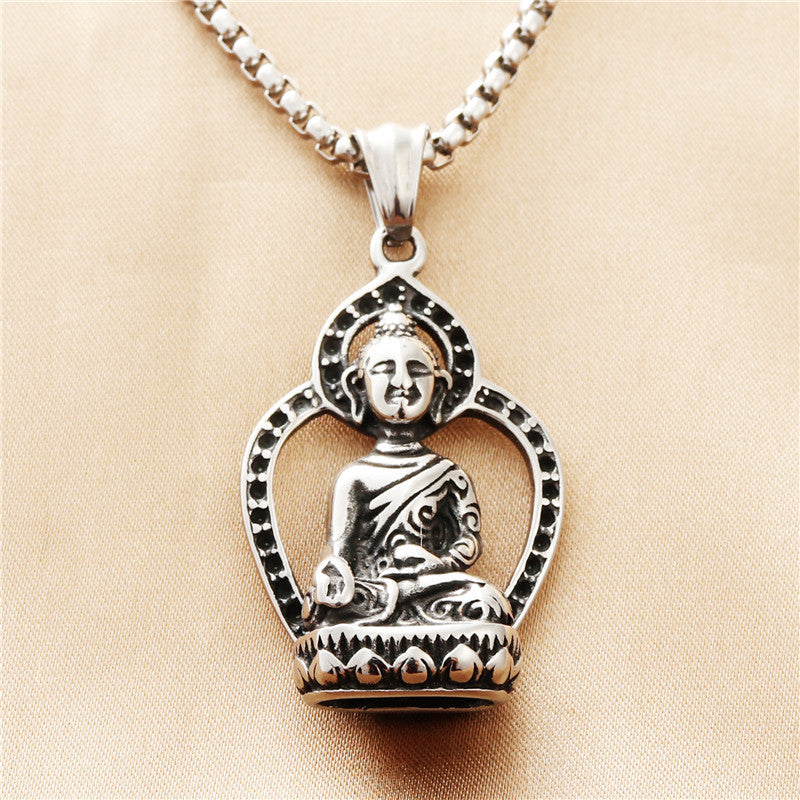 Titanium Steel Buddha Pendant Necklace for Men - Retro Punk Style Stainless Steel Jewelry
