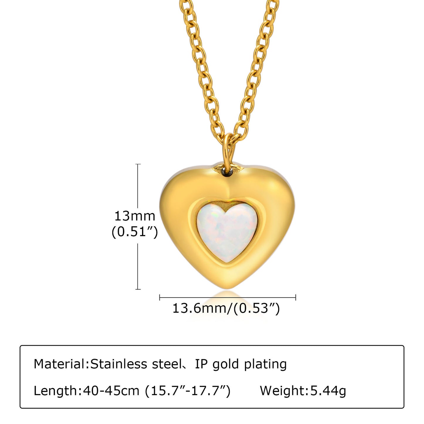 European And American Love Opal Heart Necklace Gold Fashion