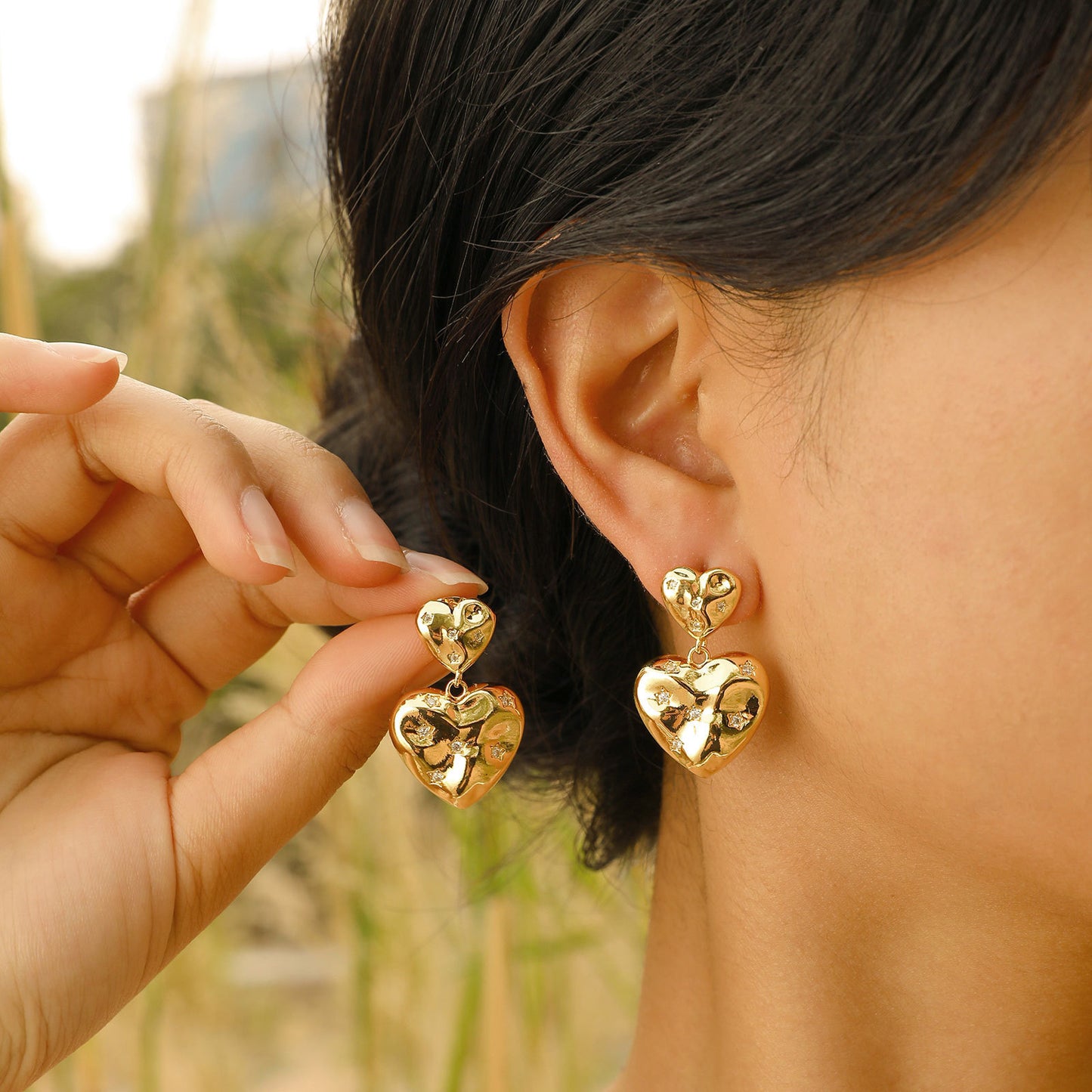 Gold Irregular Heart Star Zircon Copper Earrings Jewelry