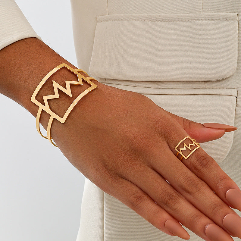 Versatile Metal Electrocardiogram Ring Bracelet Set for Women