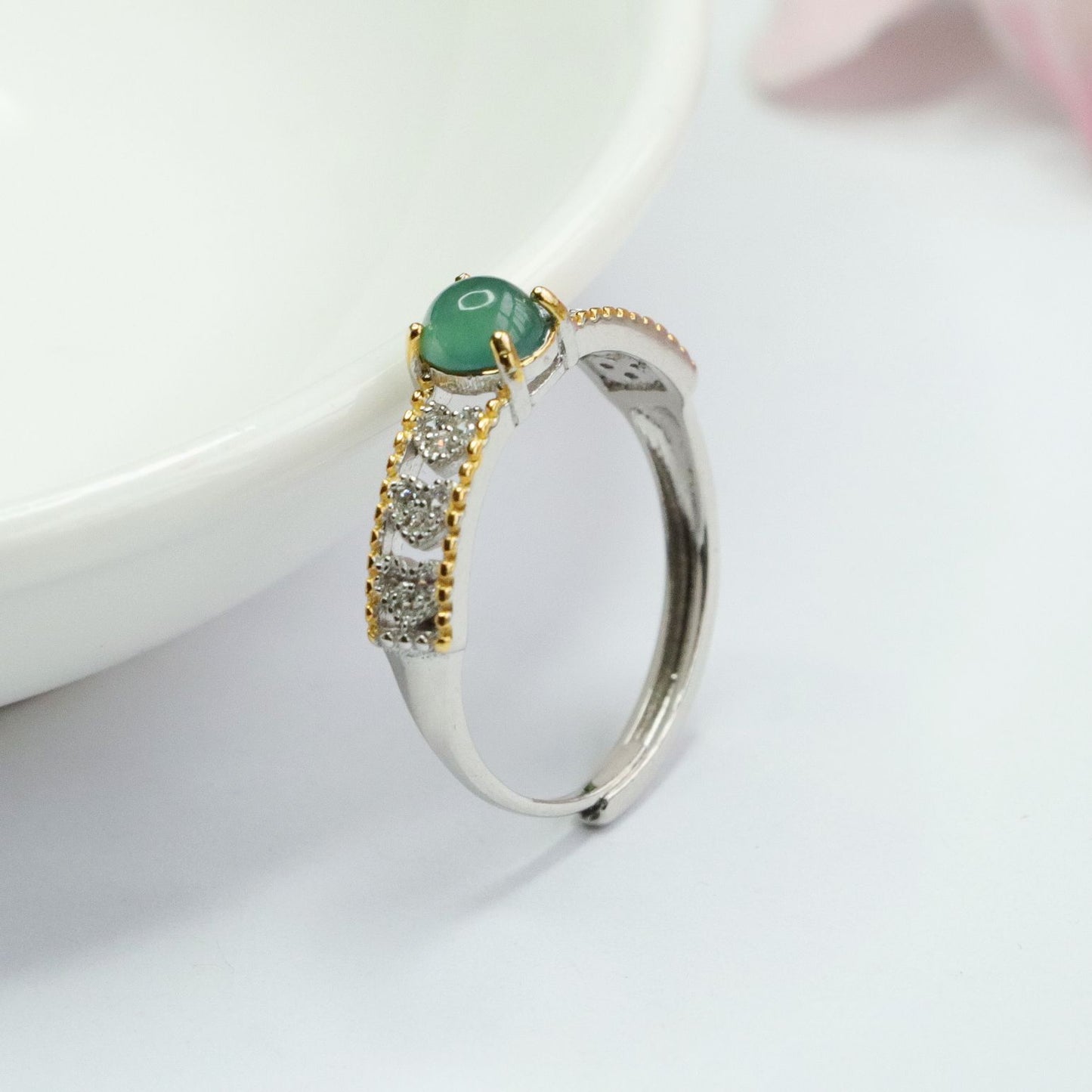 Golden Hollow Love Ring with Natural Jade and Sterling Silver
