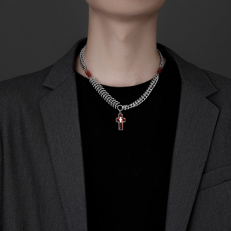 Planderful Jewelry Steel Fishbone Chain Cross Pendant Necklace