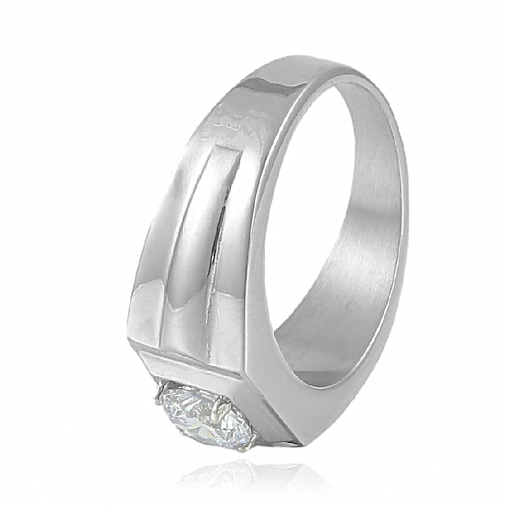Titanium Steel Ring with White Stone Inlays - Stylish Gemstone Accessory for Men and Women