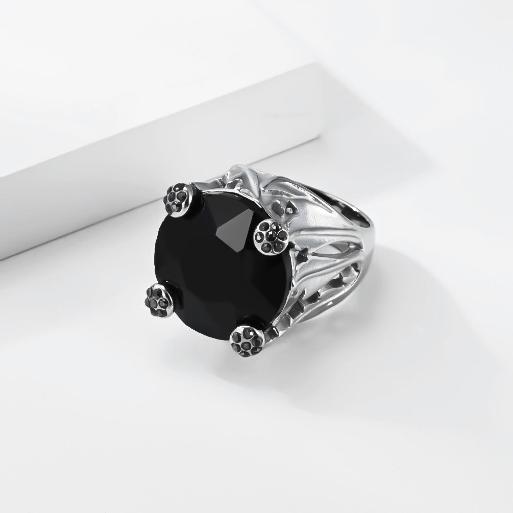 Planderful Black Agate Ring In Four Claw Inlay Unisex Retro Court Style With Protection Statement