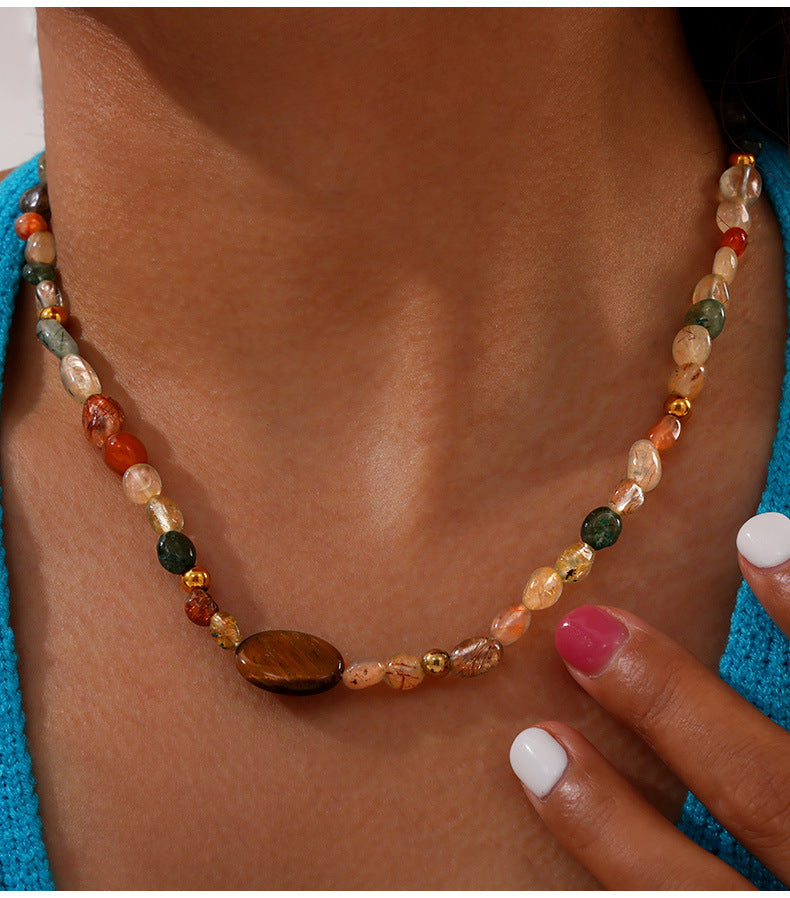 Luxurious Handmade Agate Beaded Necklace with Titanium Gold Plating