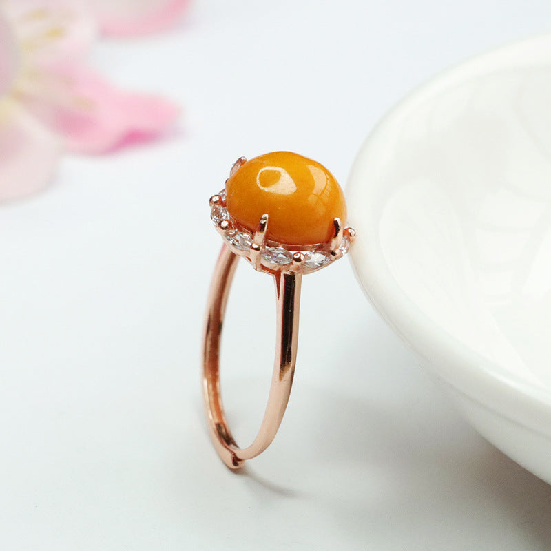 Sterling Silver Adjustable Zircon Ring with Beeswax Amber