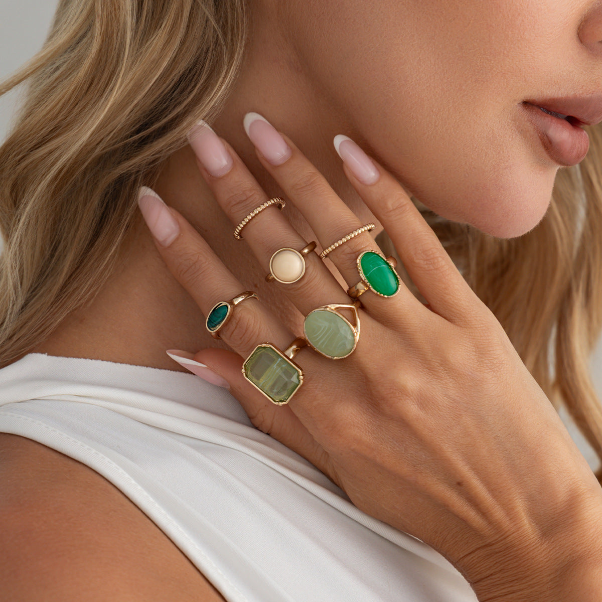 Planderful Vienna Verve Stacked Resin Ring Green Stone Retro Geometric Vintage Statement Jewelry For Fashion Lovers