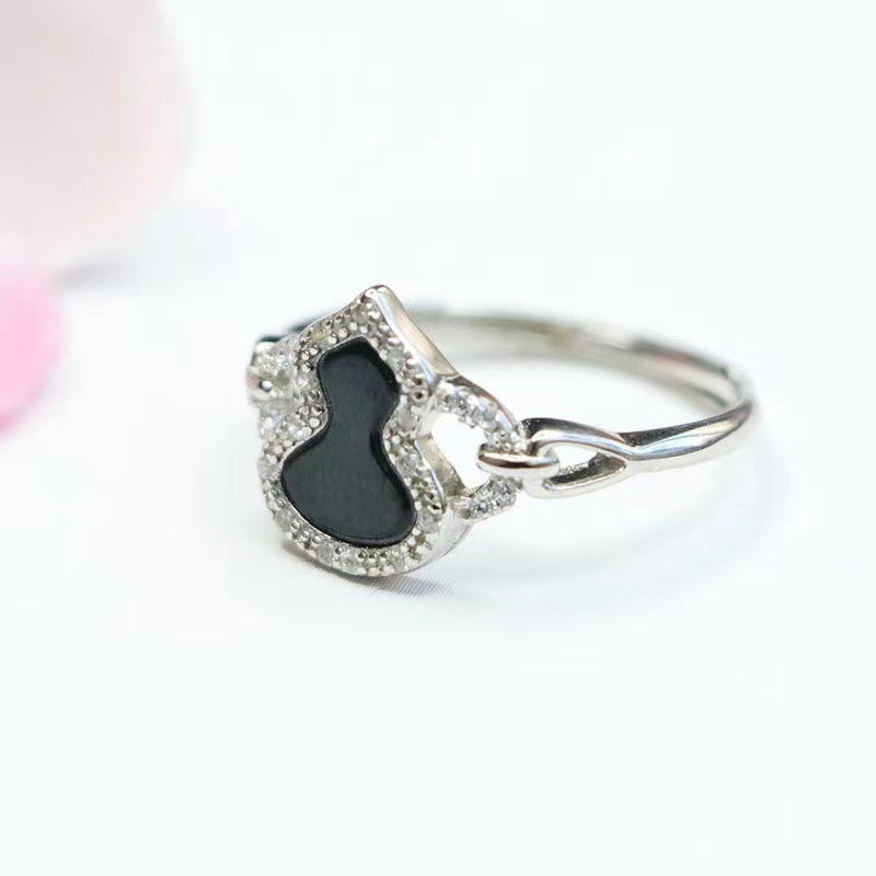 Sterling Silver Adjustable Natural Blackish Green Jade Gourd Ring