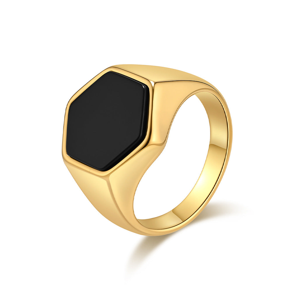 Planderful Mens Hexagon Seal Stainless Steel Ring With Black Stone Personalized Jewelry