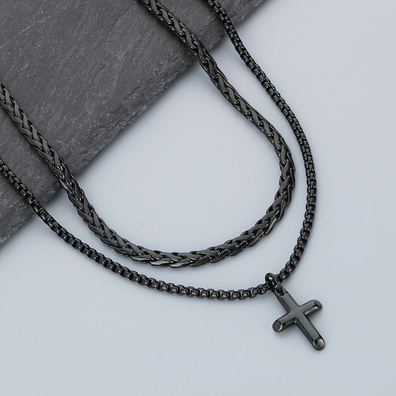 Hip-Hop Trendy Men Stacked Cross Pendant Double-Layer Square Pearl Flower Basket Chain Titanium Necklace