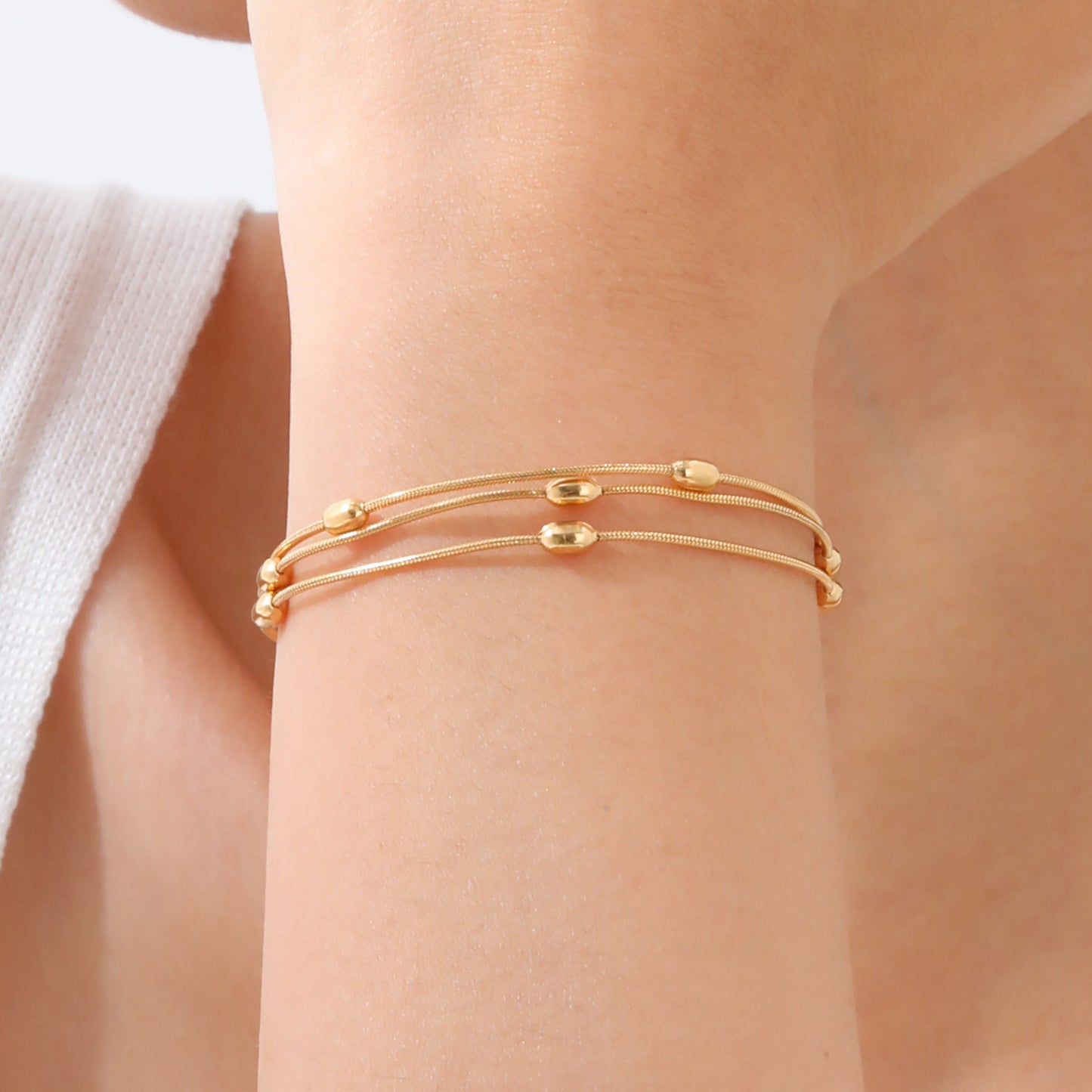 Ins Wind Stainless Steel Three Layer Round Bead Snake Chain Gold Bracelet Women's Fashion Personalized Jewelry