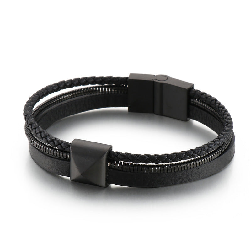 Planderful Titanium Steel Woven Cowhide Bracelet For Men