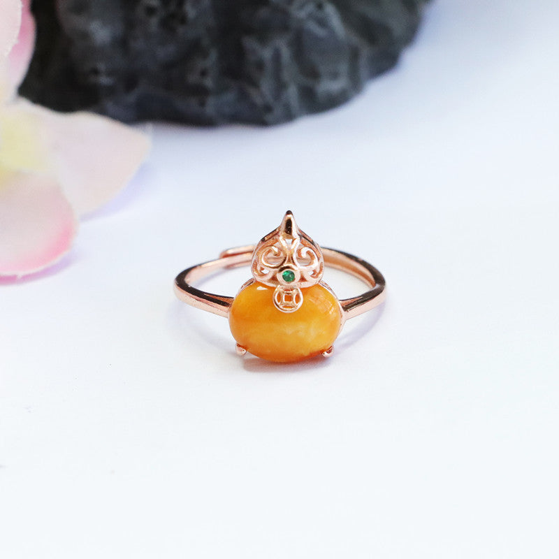 Hollow Gourd Ring Crafted from 925 Sterling Silver and Beeswax Amber