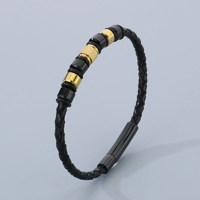 Business Style Men's Leather Rope Bracelet – Stainless Steel Bead Layered Woven Leather