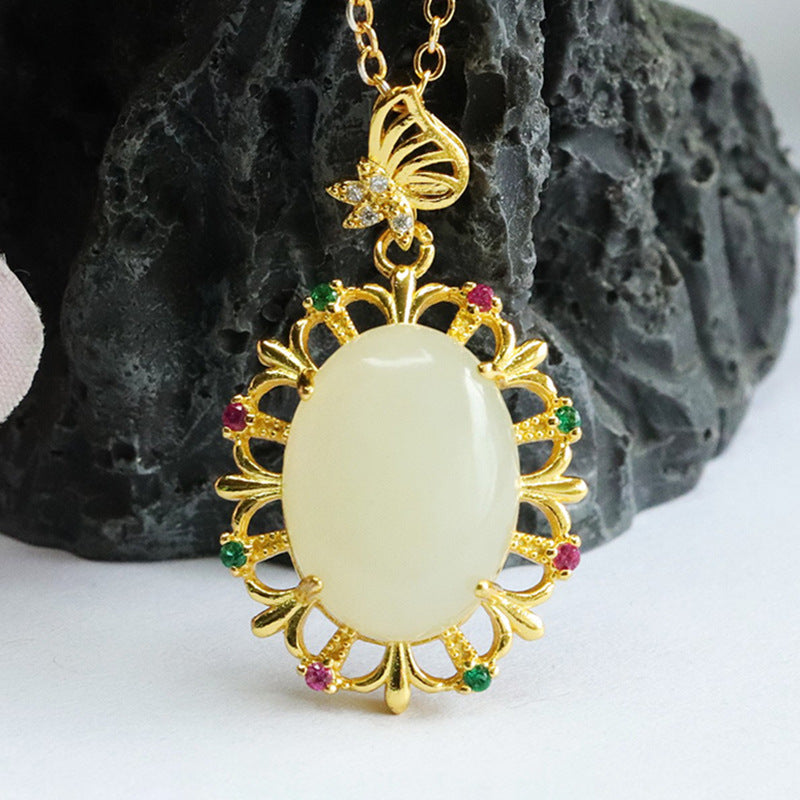 Jade Butterfly Necklace with Hetian Jade Pendant and Pigeon Eggs