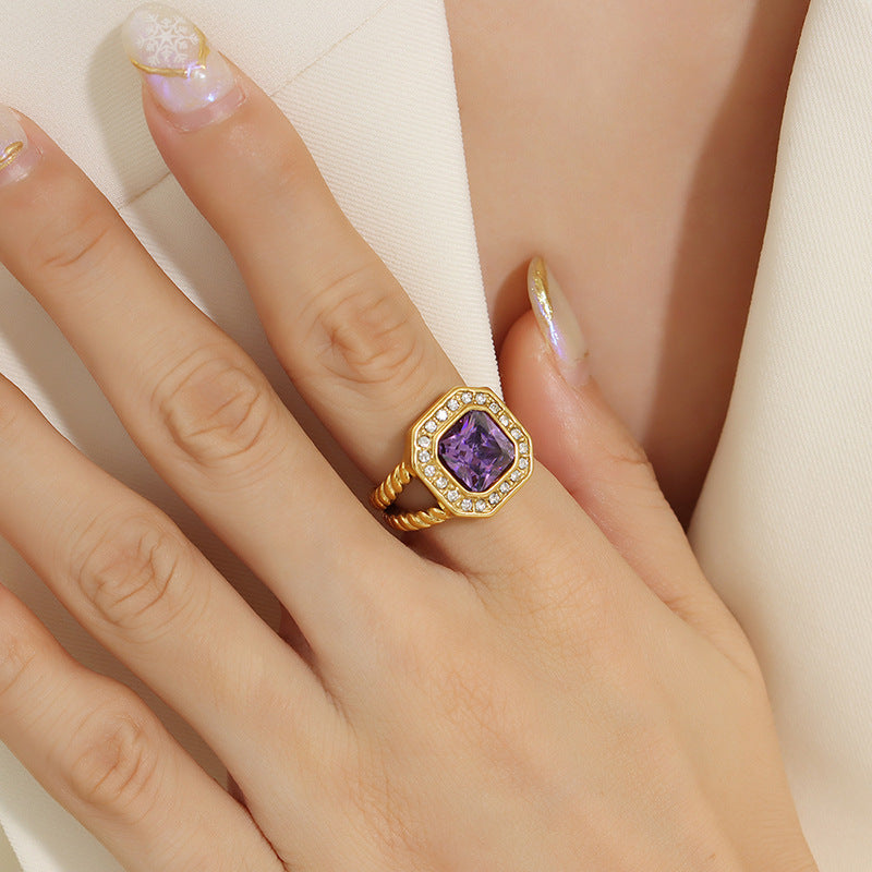 Extravagant Gold-Plated Ring with Purple Zircon for Fashionable Women