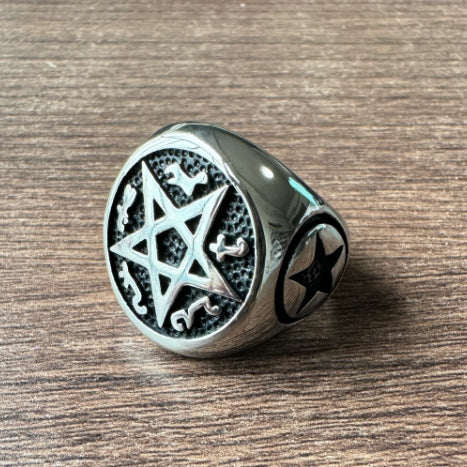 Planderful Titanium Steel Ring For Men Unisex Retro European American Style With Five Star Alien Text
