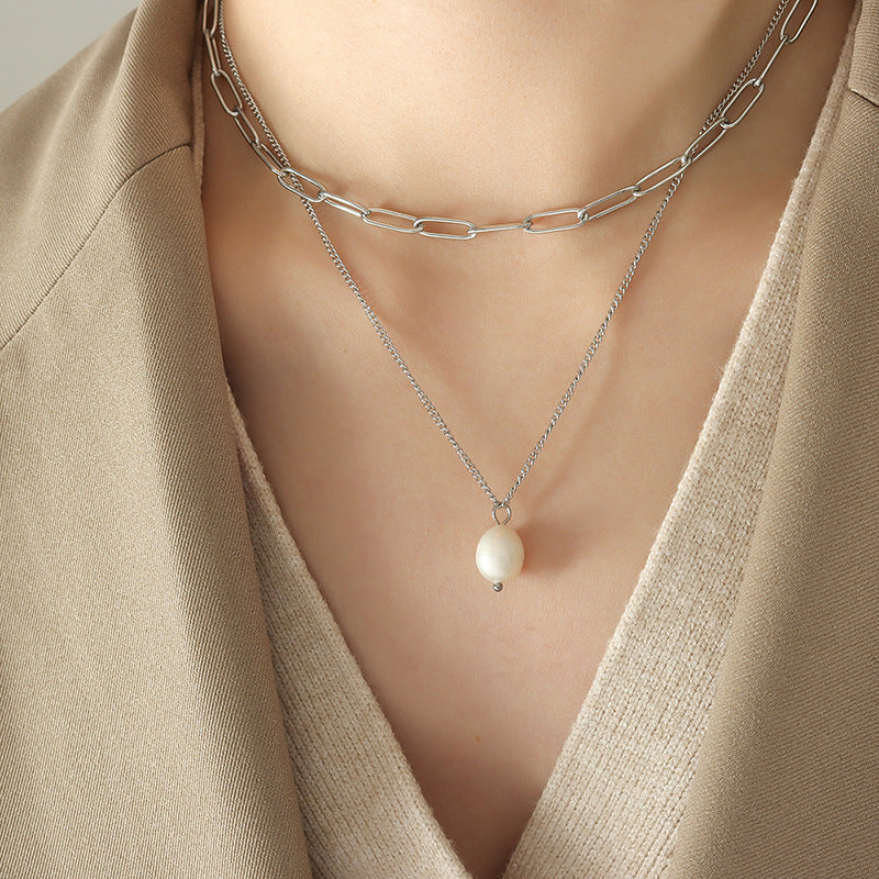 Multi-layer Cold Wind Freshwater Pearl Pendant Titanium Steel Clavicle Necklace