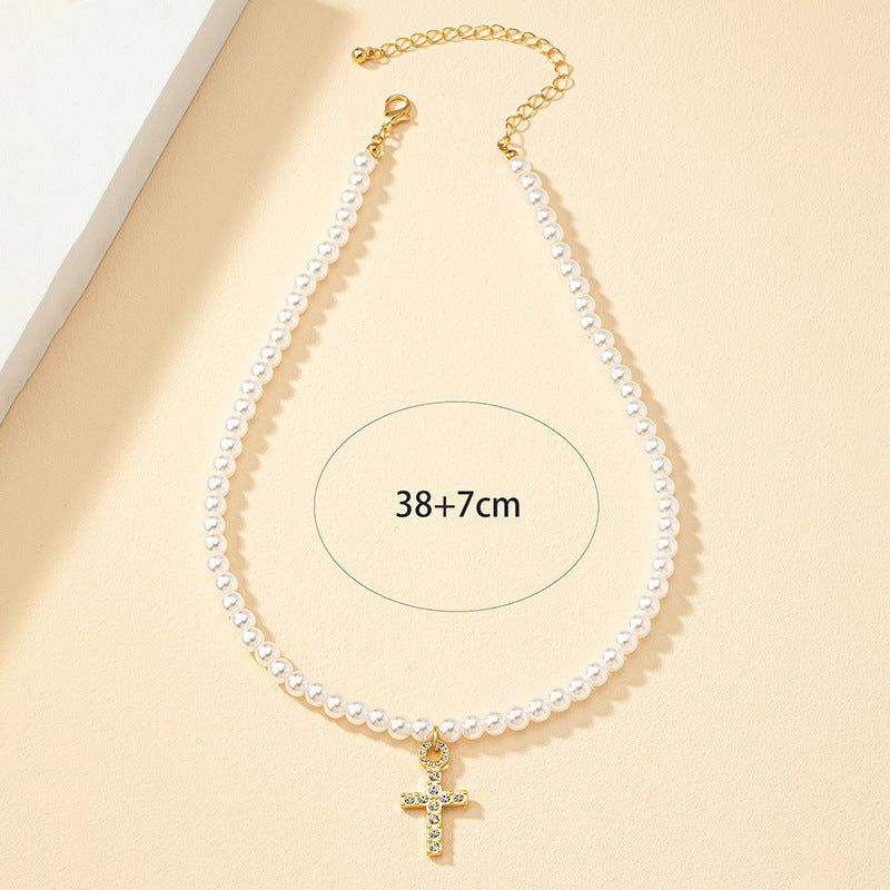 Icy Breeze Cross Necklace Set with Pearl Accent - Women's Elegant Fashion Jewelry