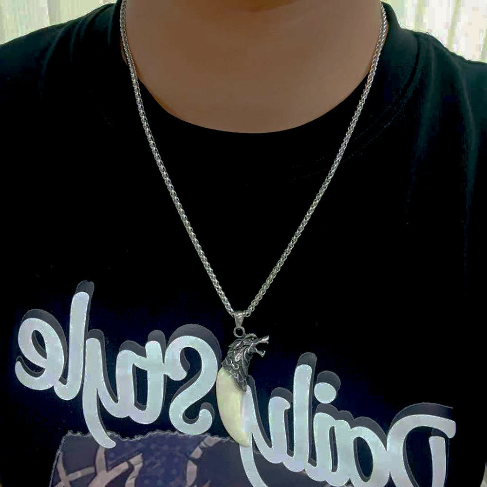 Titanium Steel Punk Wolf Tooth Men's Necklace with Resin Pendant - Ethnic Style Animal War Wolf Head Design