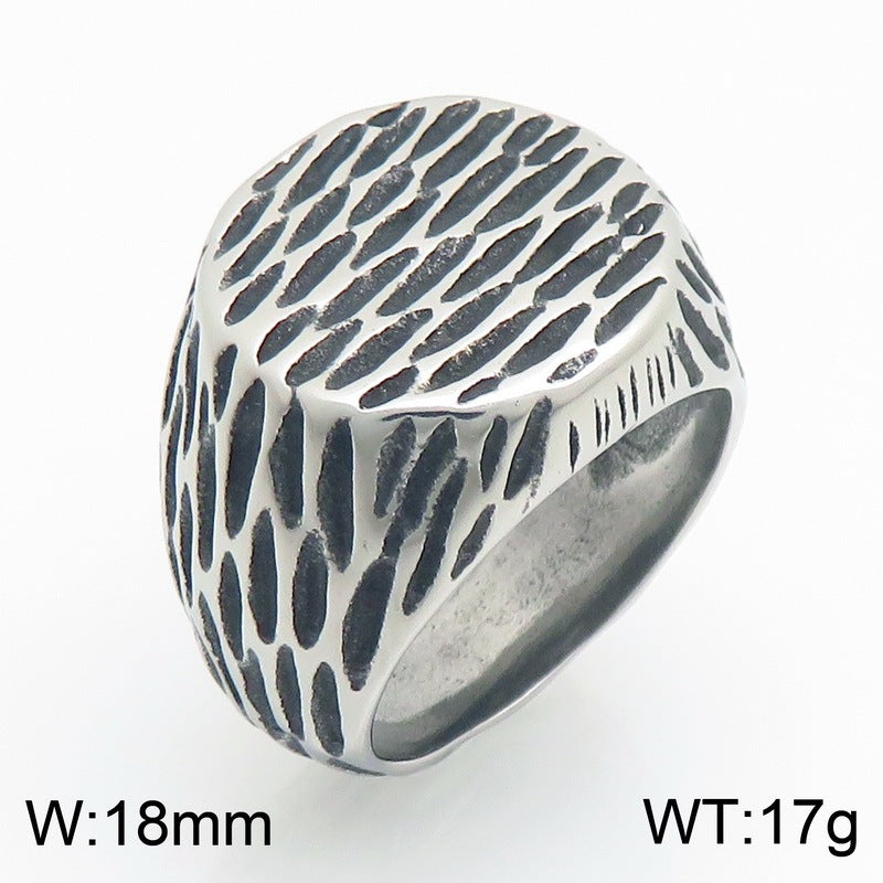 Retro Boys Hammer Pattern Round Ring Face Trendy Men Ring Meteorite Pattern Stainless