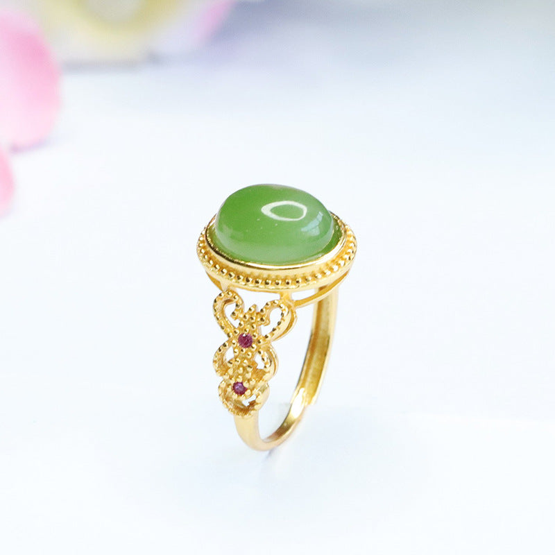 Sterling Silver Butterfly Ring with Jasper Green Jade Butterfly Wings