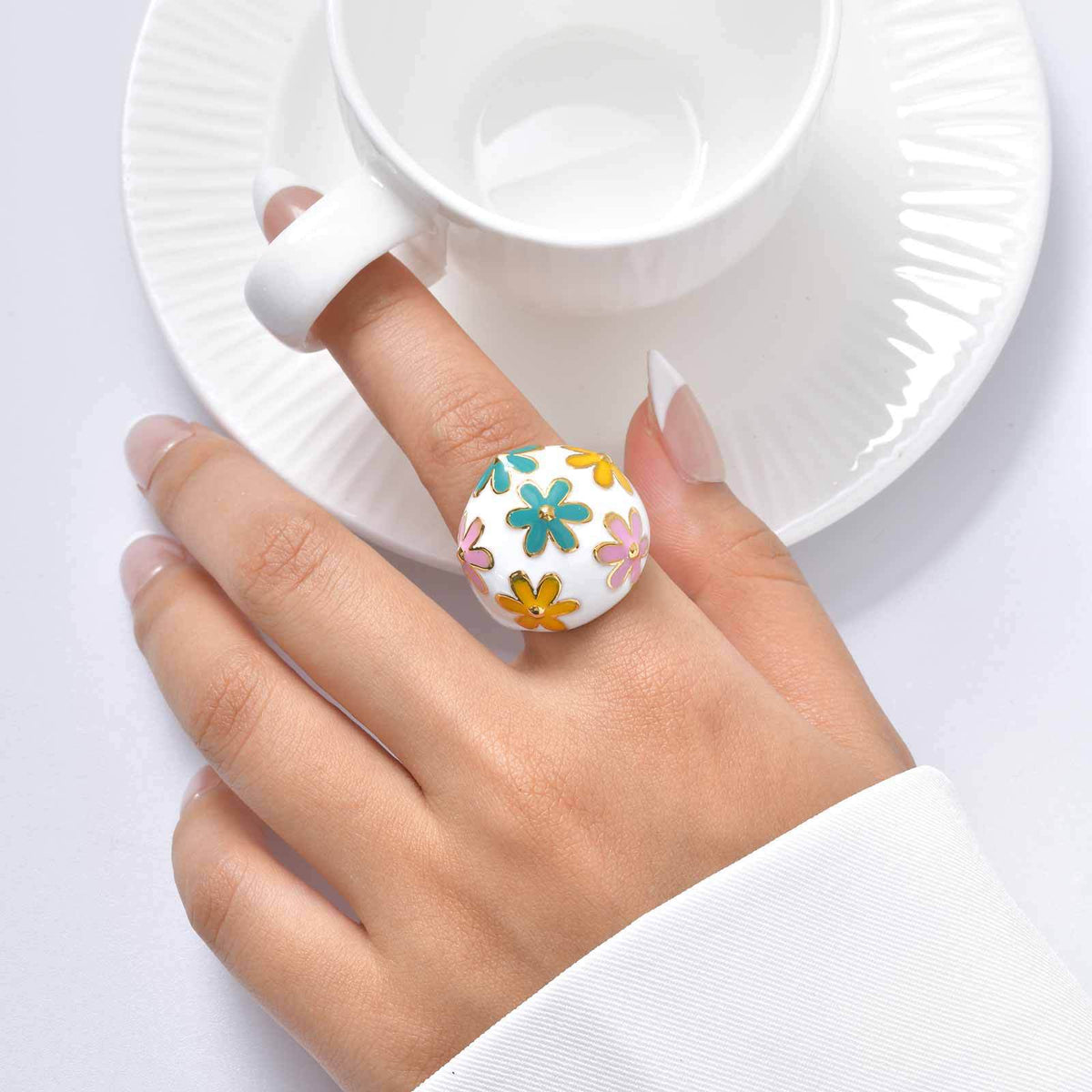 Stainless Steel Literary & Artistic Style French Design Flower Ring Female
