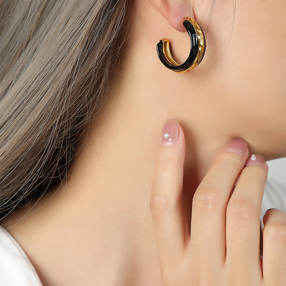 Exaggerated Retro Titanium Steel Earrings with Gold-Plated Semi-Circular Glaze