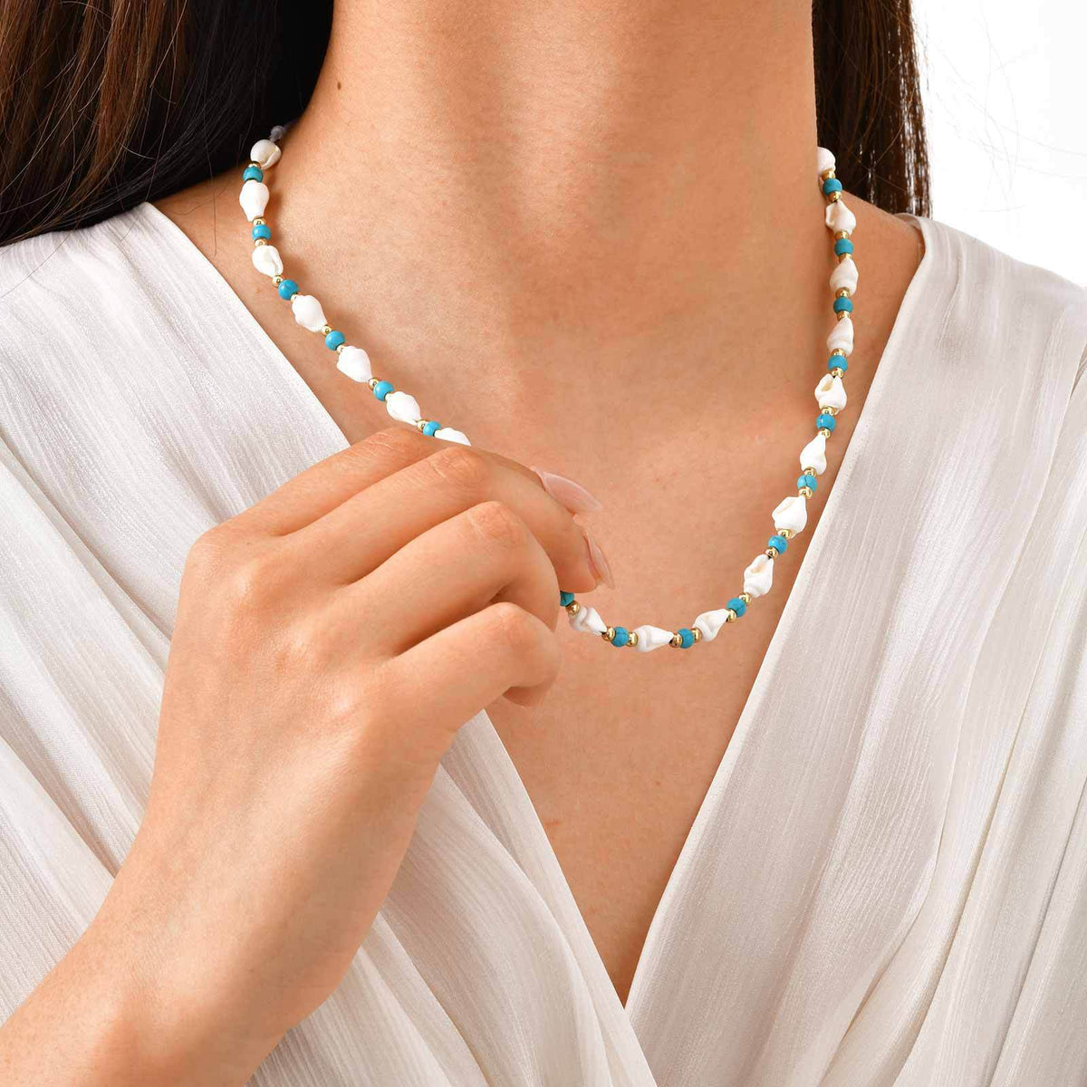 Ocean Wind Stainless Steel Ball Shell Blue & White Beaded Adjustable Necklace Casual