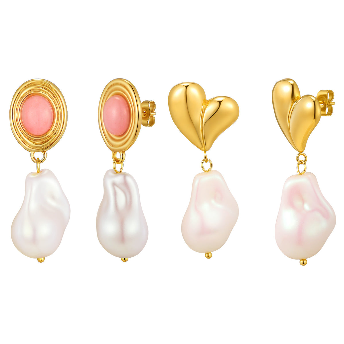 Gold-Tone Double-Heart Baroque Pearl Drop Earrings