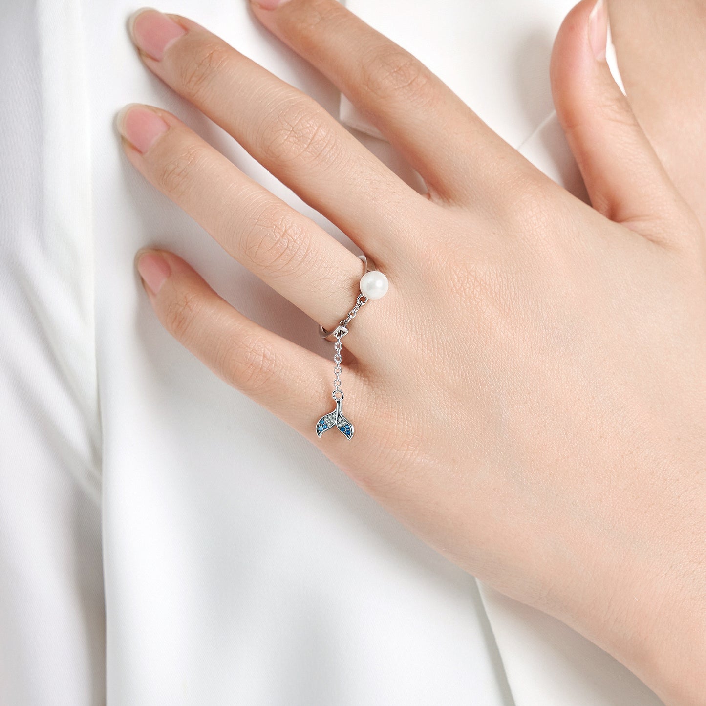 Mermaid Tail Pearl Ring Adjustable Opening Silver Ring