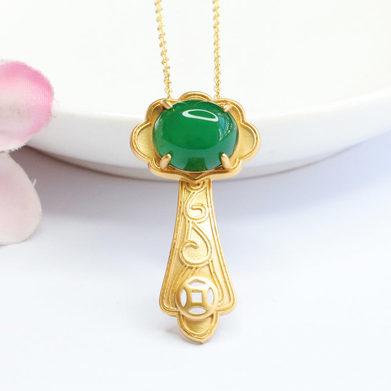 Chinese New Jewelry: Sterling Silver Oval Green Chalcedony Ruyi Pendant Necklace