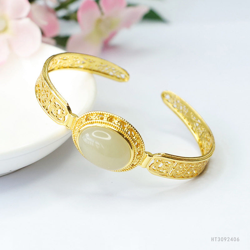 Hetian Jade Cabochon Open Bangle