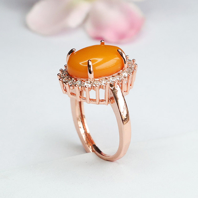 Halo Zircon Ring with Oval Amber and Sterling Silver