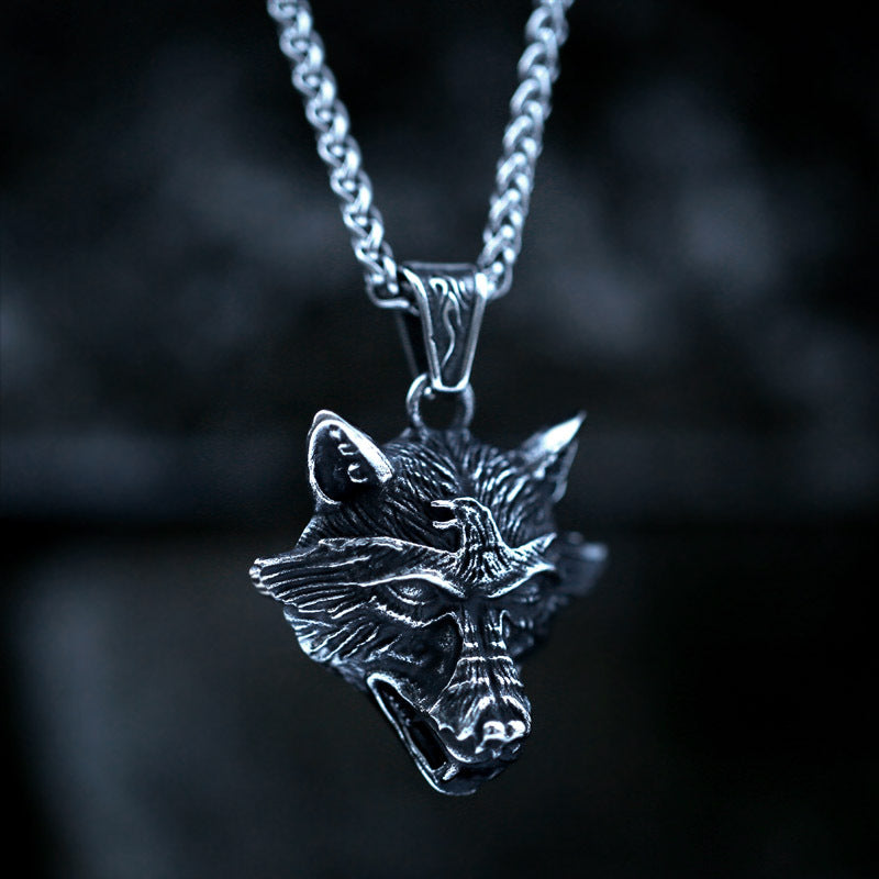 Retro Stainless Steel Wolf Head and Eagle Pendant Necklace for Men - European and American Design