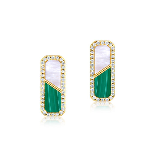 Mother of Pearl and Malachite Rectangle Sterling Silver Stud Earrings