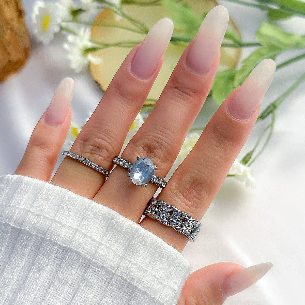 Court Style Water Droplet Design Ring with Full Diamond - European and American Collection