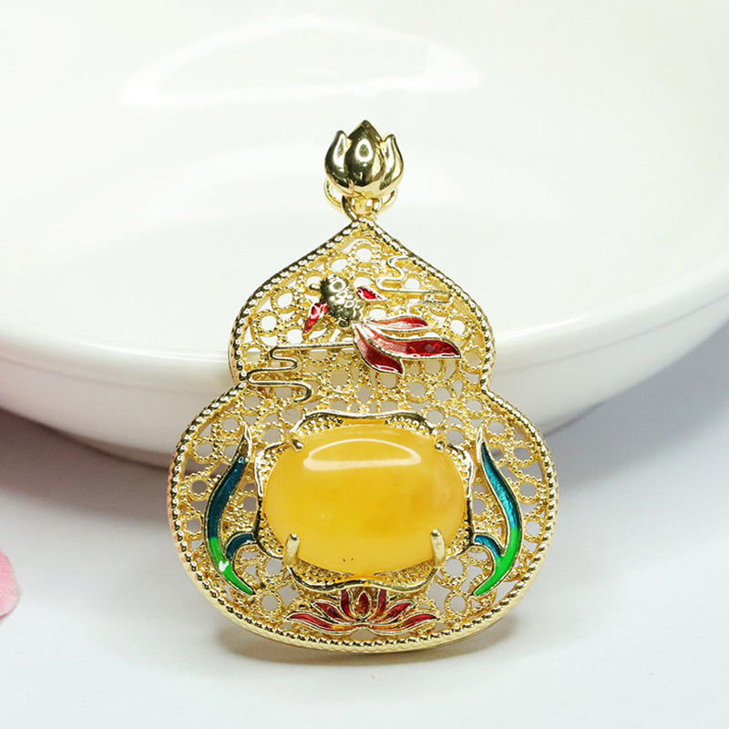 Lotus Leaf Fish Gourd Pendant Necklace crafted in Beeswax Amber and Sterling Silver