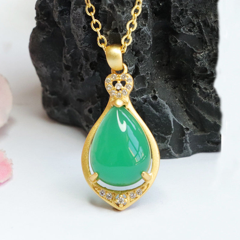 Sterling Silver Necklace with Green Chalcedony Droplet Pendant and Zircon Details