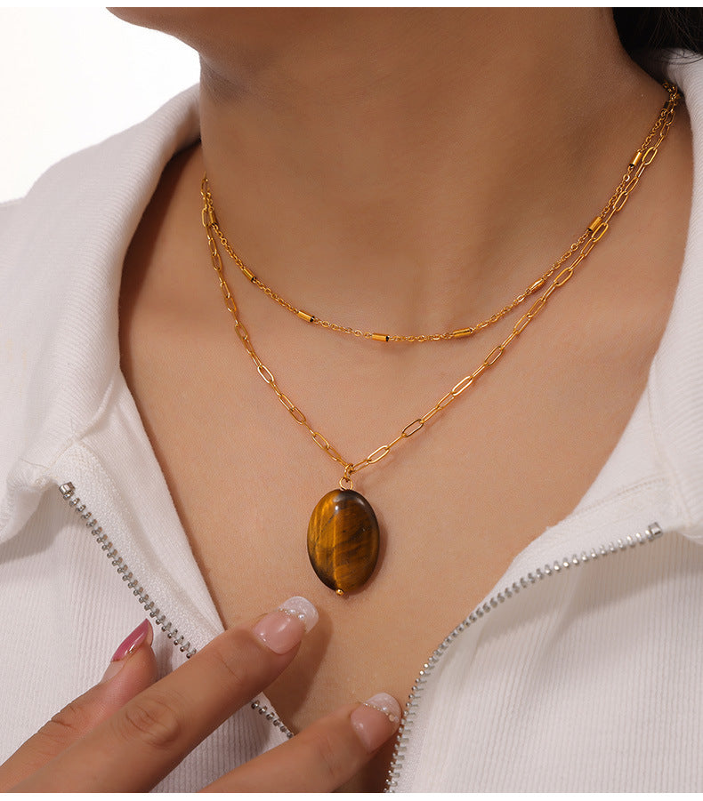 Tiger Eye Stone Geometric Bead Necklace in Gold-Plated Titanium Steel