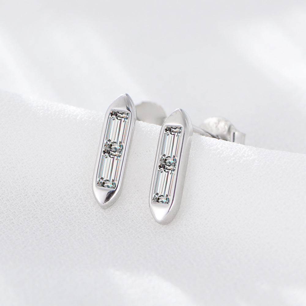 Korean Version S925 Sterling Silver Geometric Versatile Square Strip Inlaid Zircon Stud Earrings