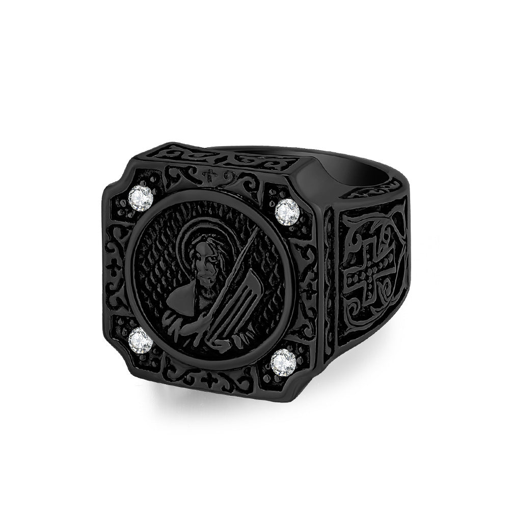 Planderful European American Retro Cross Portrait Ring for Men