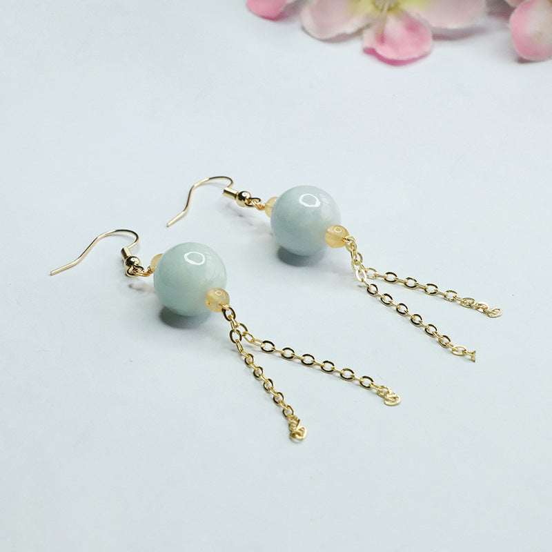 Jade Bead Tassel Earrings with Sterling Silver Ear Hooks