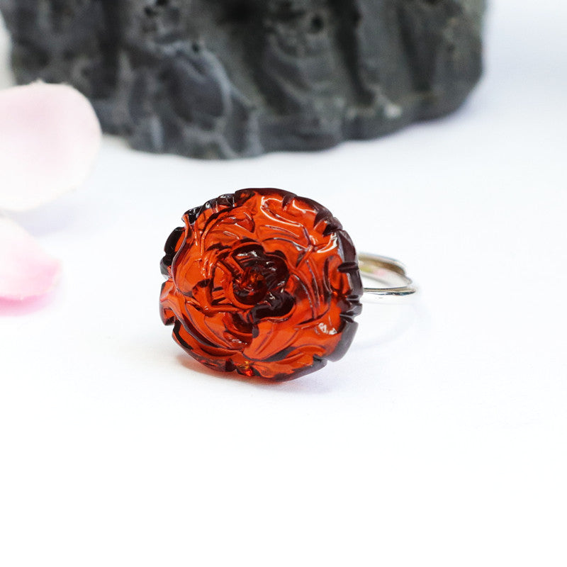 Blood Amber Peony Flower Sterling Silver Ring