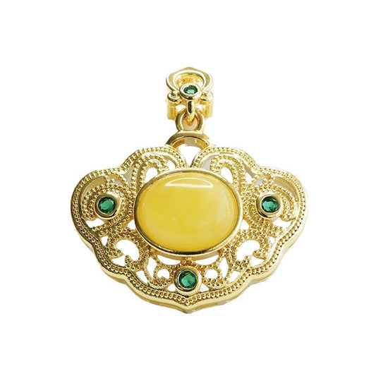Palatial Style Beeswax Amber and Green Zircon Hollow Ruyi Pendant in Natural Sterling Silver