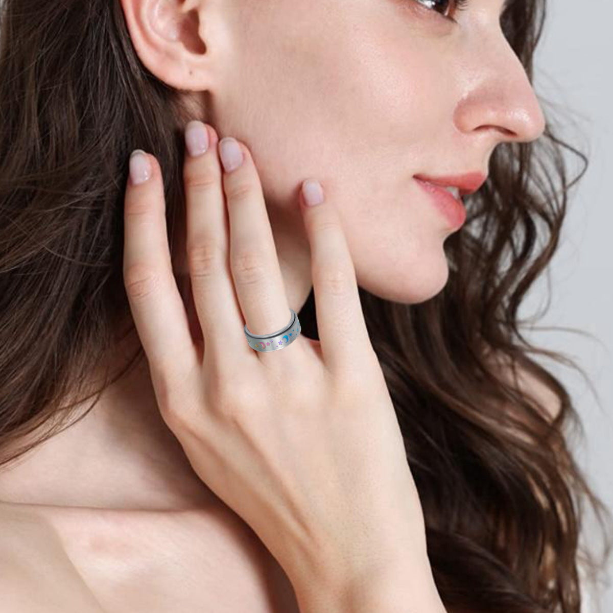 Celestial Rotating Silver Star Moon Ring - Stainless Steel Unisex Jewelry Bulk Buy