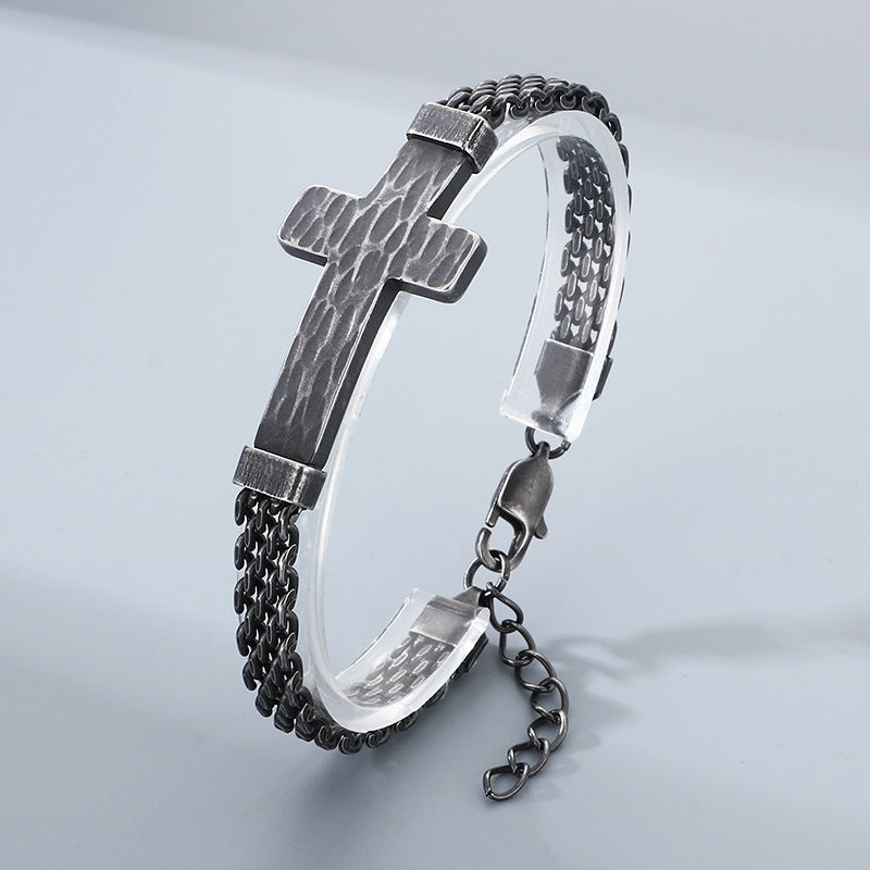 Hammer Texture Cross Stainless Steel Men's Bracelet Hand Adjustable