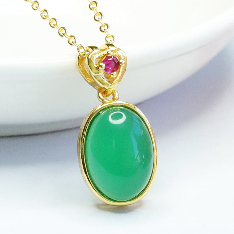 Green Chalcedony Zircon Love Pendant with Oval Design