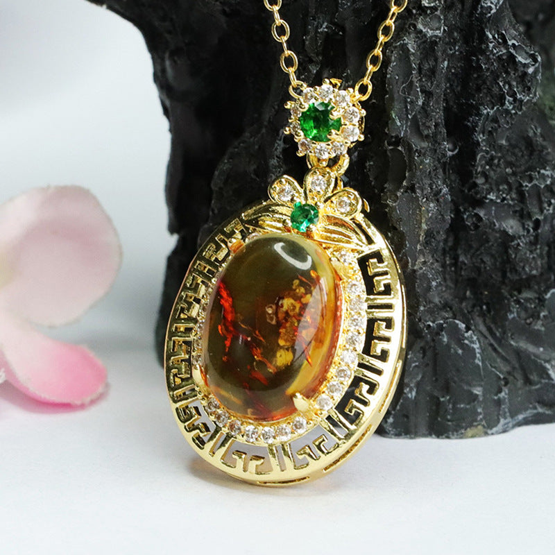Amber Flower Pendant with Zircon Hollow Design in Sterling Silver